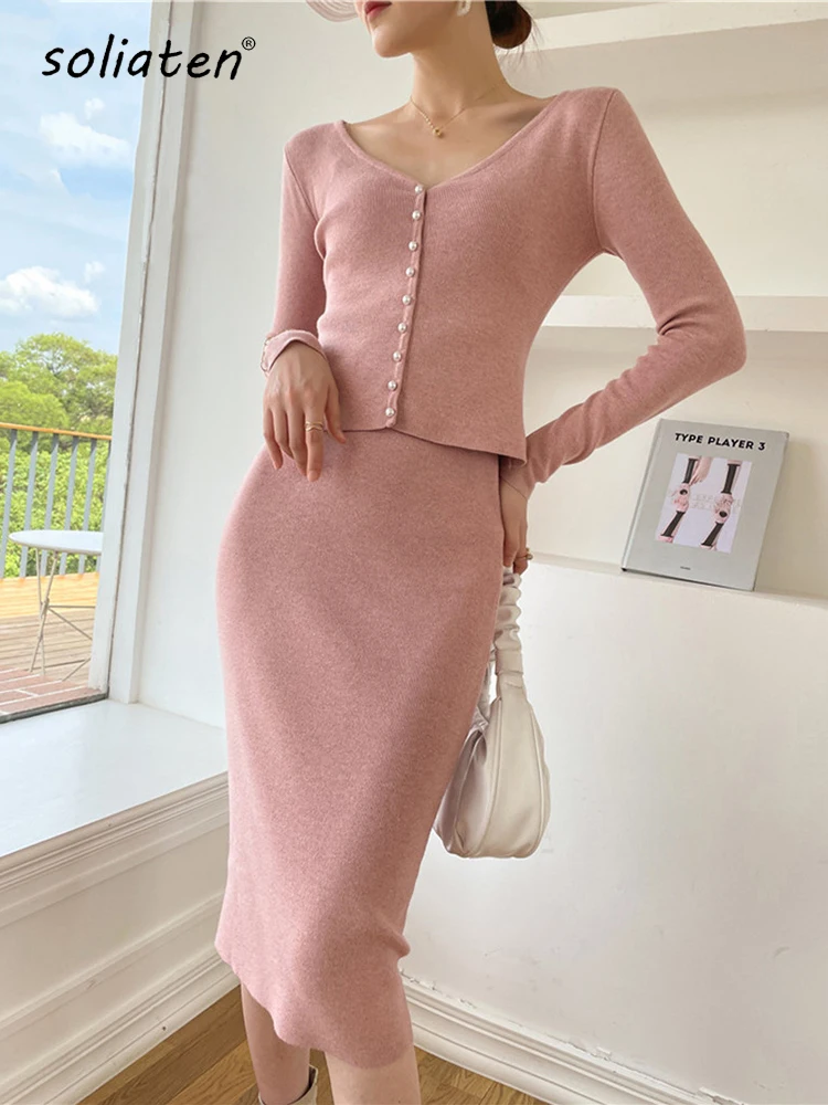 Women Knitted Two Piece Sets Sexy Long Sleeve Sweater Cardigan And High Waist Pencil Skirt Suits  C-115