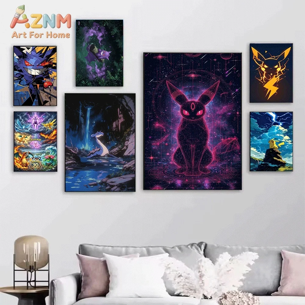 Anime Pokemon Squirtle Starry Night Canvas Wall Art, Van Gogh Art Inspired Pocket Monster Frameless Canvas Painting for Kids B
