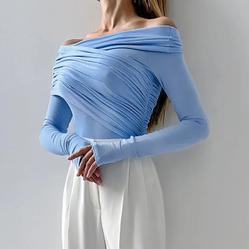 

One-shoulder Slim Fit Sexy Off-shoulder T-shirt Fashion Pleated Irregular Long-sleeved Bottoming Shirt Solid All-match Women Top