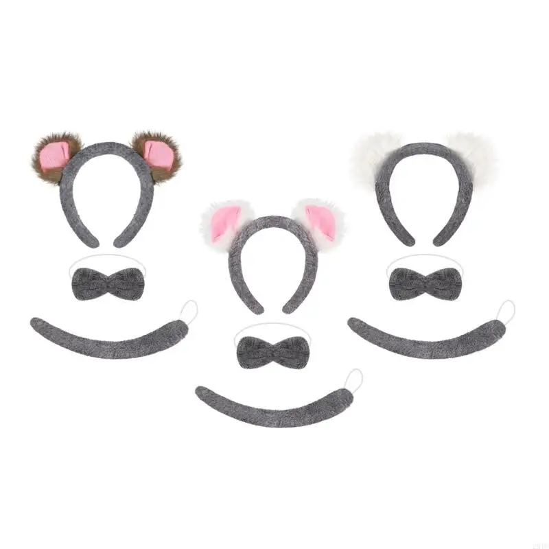2025 New 3Pcs Koala Costume Accessories Set,Koala Ears Headbands Koala Tail Bowtie Set for Halloween Dressing Up Party Cosplay