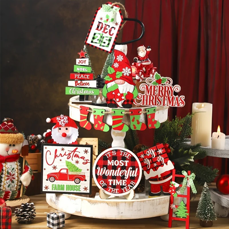 14 Uds. Decoración navideña de bandeja escalonada, medias navideñas, camión Gnomo, carteles de madera de Feliz Navidad, decoraciones de mesa navideñas