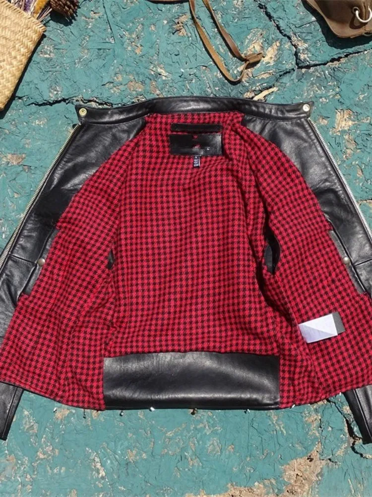 Business Casual Male Slim Stand Collar Genuine Leather Jacket Fashion Solid Color Horsehide Long Sleeves Men Zipper Outerwear