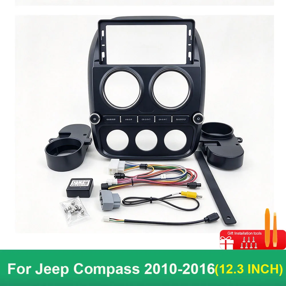 For Jeep Compass 2010-2016 12.3 Inch Radio Fascia Matte Black Dashboard Mounting Frame Kit with Wiring Harness