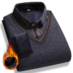 Men Fake Two Pieces Sweaters Polo Neck Pullover Winter Warm Thick Striped Casual Fleece Lined Knitted Bottom Shirts Man Clothes