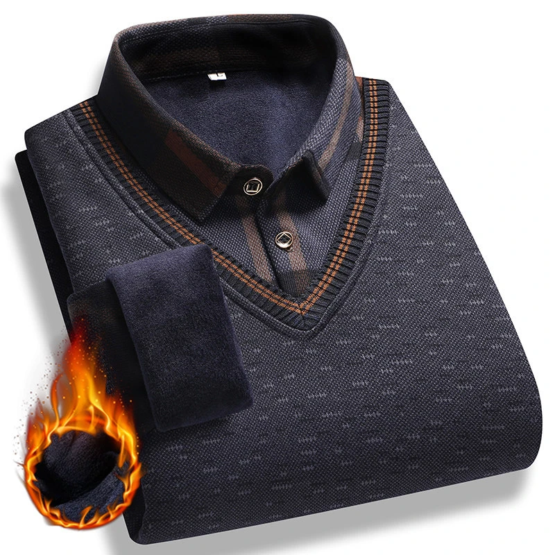 Men Fake Two Pieces Sweaters Polo Neck Pullover Winter Warm Thick Striped Casual Fleece Lined Knitted Bottom Shirts Man Clothes