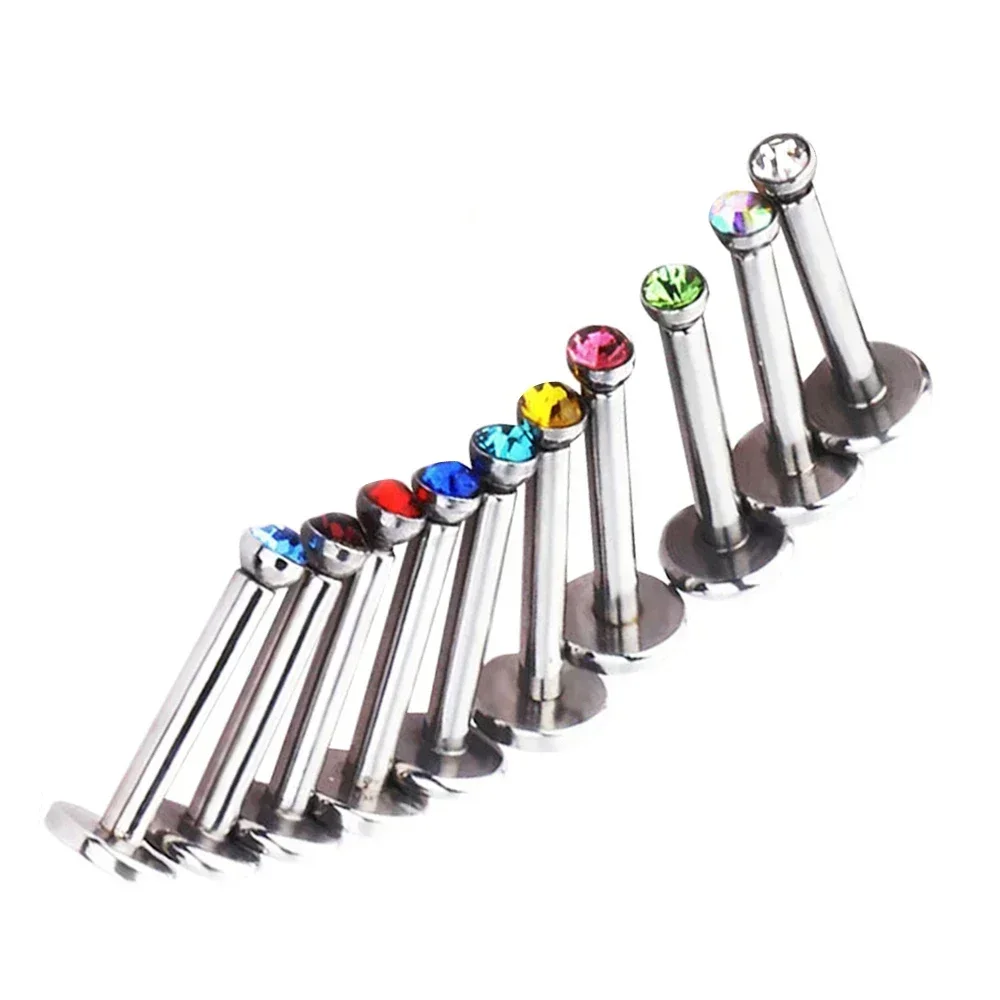 3X 2mm Crystal Steel Internally Threaded Labret Ring 8mm Bar Monroe Lip Flat Back Ear Tragus Nose Stud Piercing 16g