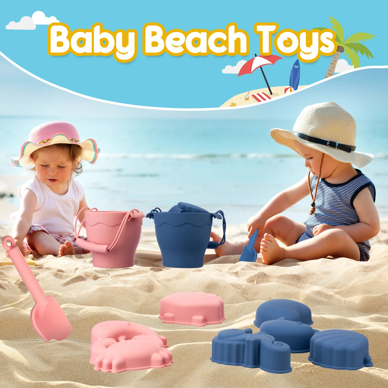 TYRY.HU 8pcs/Set Beach Toys Eco-Friendly Food-Grade Silicone-Fun Summer Outdoor Toys for Kids with Bucket & 4 Color Sand