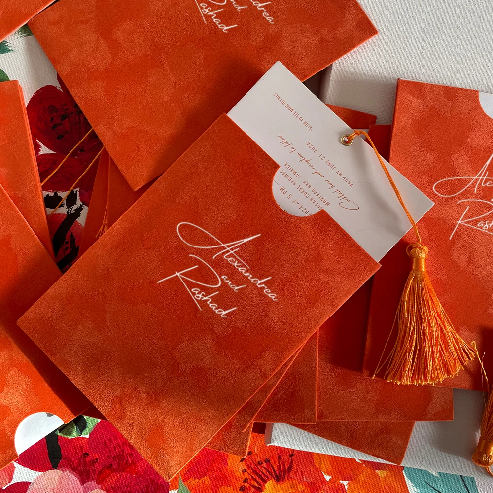 100 pcs Orange Velvet Wedding Invitation Card Personalized  Business Wedding Quinceanera Birthday Invitation Card