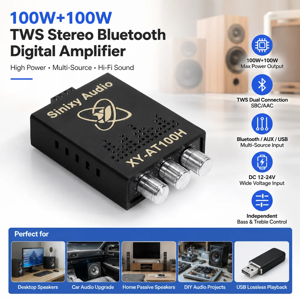 XY-AT100H  TWS Stereo Bluetooth Amplifier Board 100Wx2 Dual Channel Digital Audio Module with AUX USB Input DC 12-24V