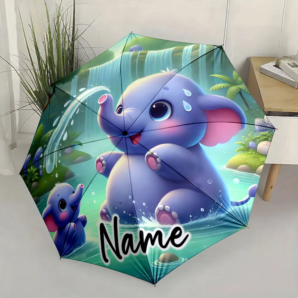 Custom Name  Cute Elephant Design Umbrella with Waterfall Scene Print 8 Iron Ribs Folding Umbrella Auto-Open Fashion Sunshade