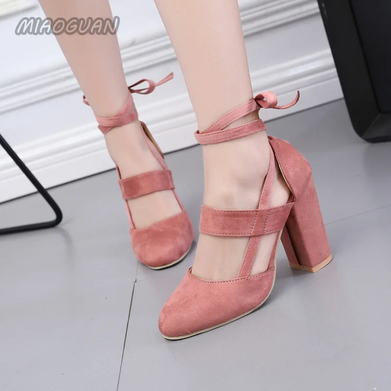 Women Heels Large Size Women\'s Shoes Chunky High Heeled Lace Up Casual Pumps Ankle Straps Solid Color Thick Heel Sandals Shoes