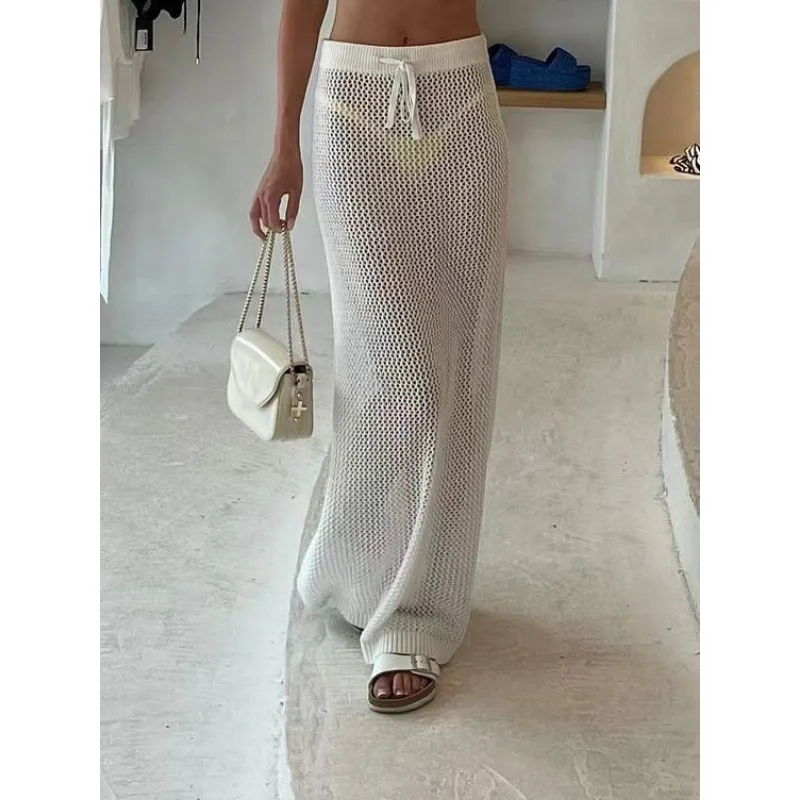 Sexy Knitted Hollow Out See-Through Long Skirt Waist Lace-Up Floor-length Woman Crochet Skirt Summer Holiday Beach Skirt Women