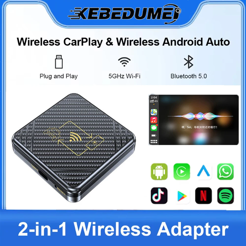 

Kebidumei NEW Wireless CarPlay Android Auto Wireless Adapter 2 in 1 Smart Box Plug And Play Bluetooth 5.0 Fast Connect For Cars