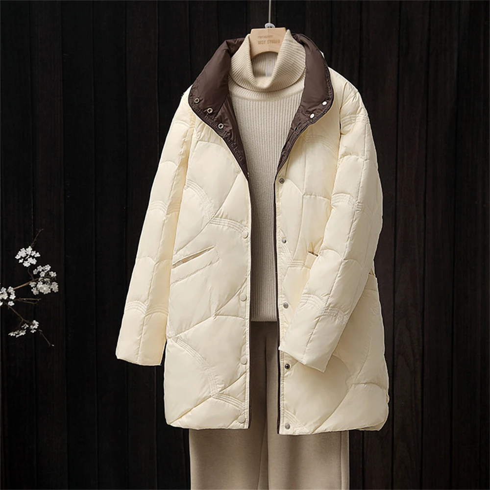 Autumn Winter New Lightweight Down Coat Women\'s Mid-length Loose Stand-up Collar Down Jackets Warmth Korean Fashion Coats Gift