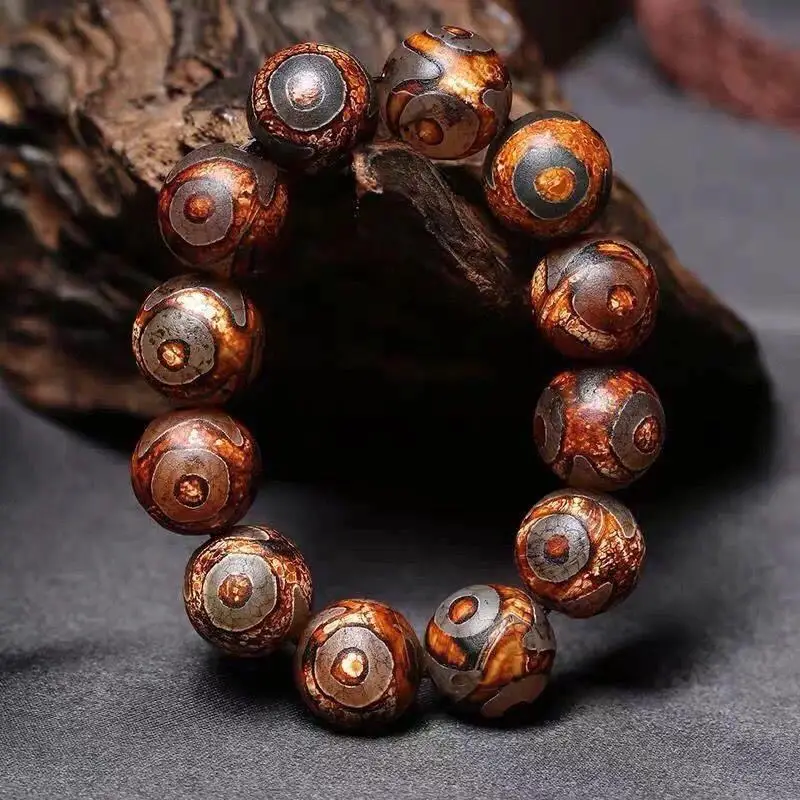 Natural unpolished Dzi beads, three-eyed, single-strand. Alchemist's Celestial Healer's Eye, silk-like agate men's bracelet.