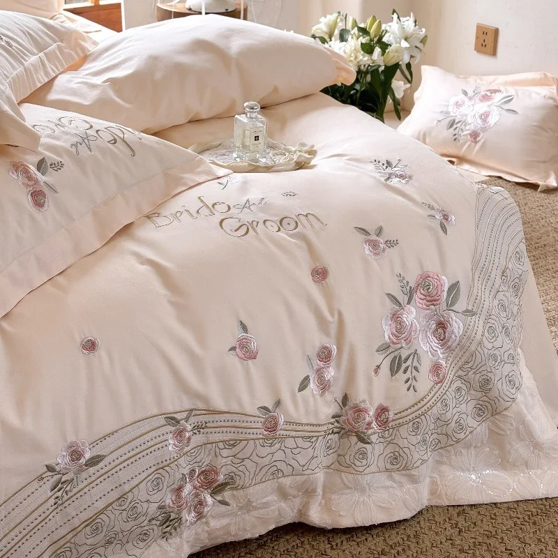 Premium Class A 200S Long-staple Cotton Four-piece Set Flower Embroidery Quilt Cover Light Luxury Bed Sheet Pillowcase Bedding