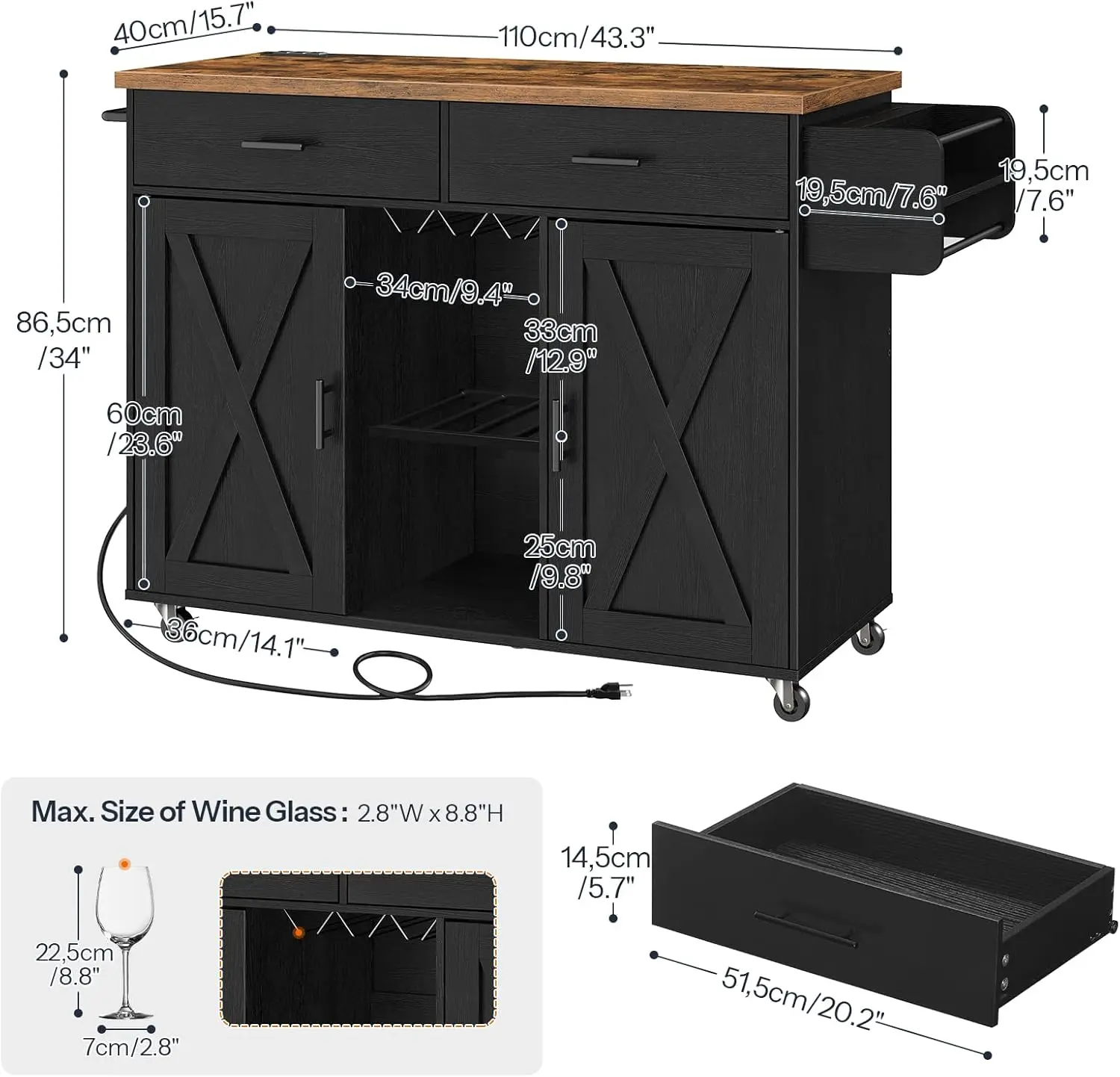 Kitchen Island with Storage, Rolling Kitchen Island Cart on Wheels, Kitchen Island Table with Charging Station, 2 Drawers, Stora