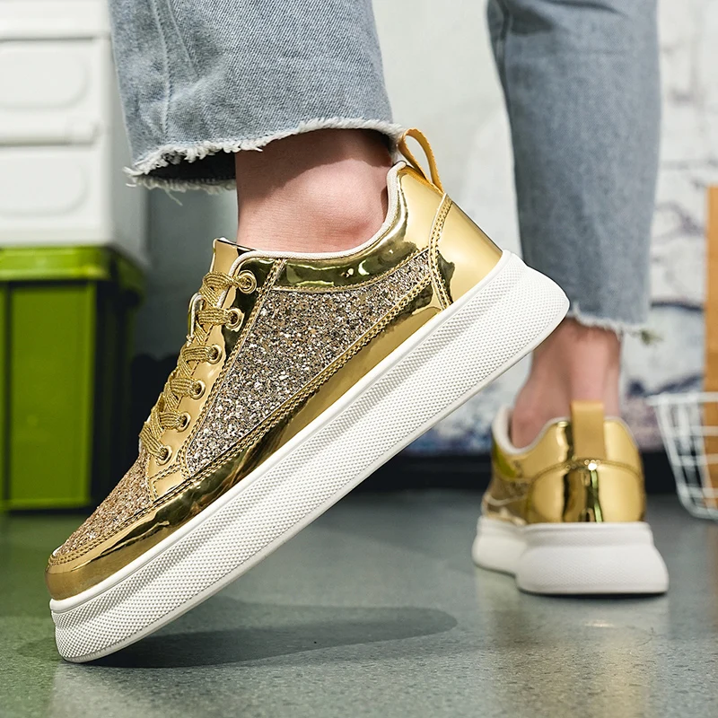 Original Gold Luxury Men\'s Sneakers Streetwear Glitter Platform Skateboard Shoes Men Shiny Casual Light Women\'s Fashion Sneakers