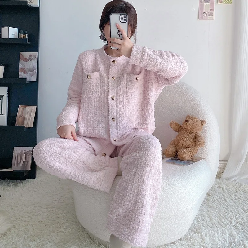 Korean version pink pajamas for women in autumn and winter thickened velvet for warmth sweet and ladylike cardigan home suit set