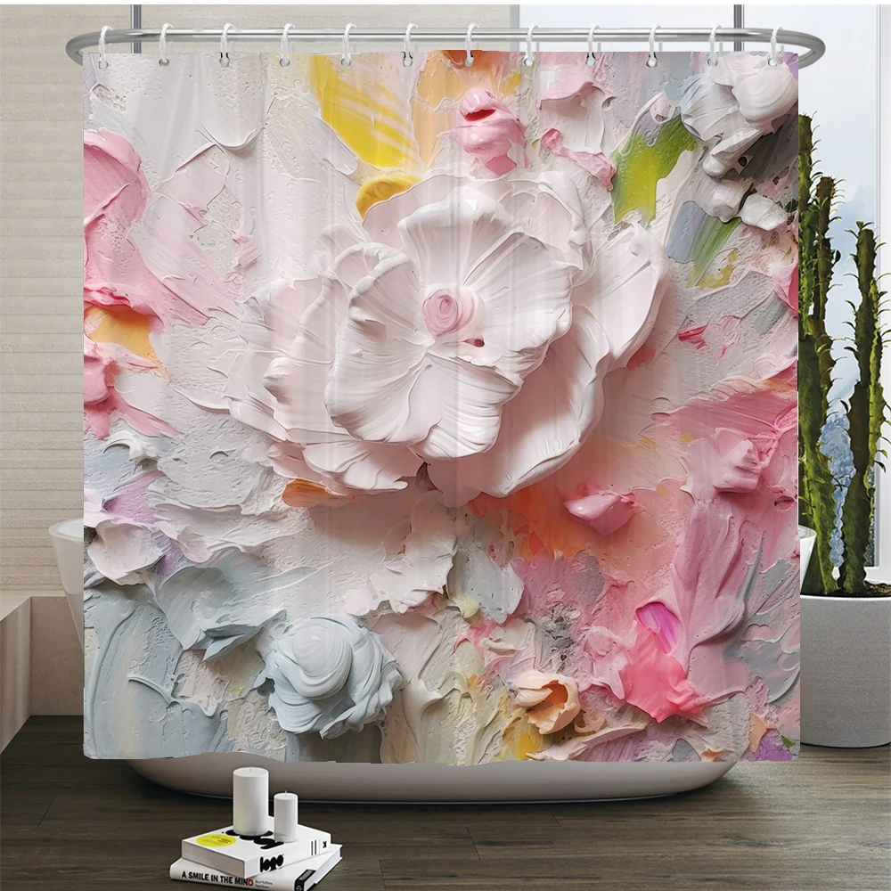 Art Painting Flowers Bathroom Curtain Fabric Cloth Flower Waterproof Shower Curtain Bathtub Curtains With Hooks Home Decor