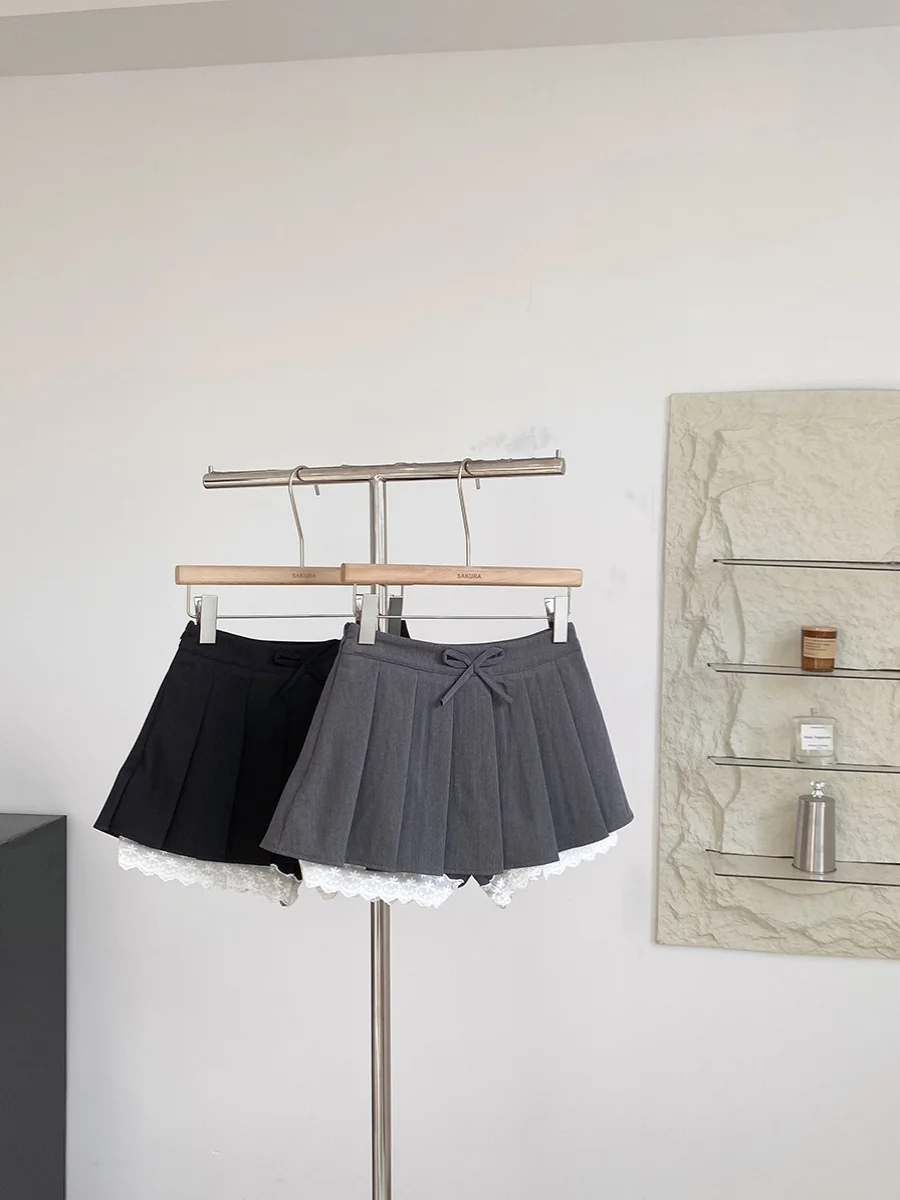 Spring 2025 High Waist Lace Panelled Belted Anti-Light Half Body Short Skirt Pants Women Trendy Commute Style Pure Color Poly...