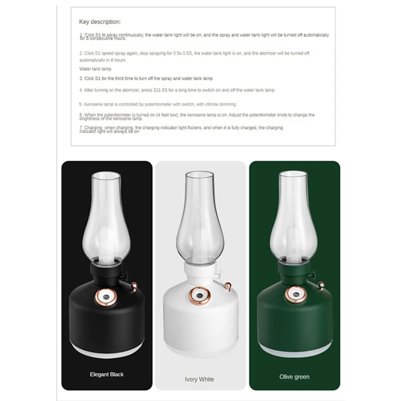 

A97G Retro Coal Oil Lamp Model LED Night Light Mute Mist Maker USB Rechargeable Wireless Mini Air Humidifier For Car Office