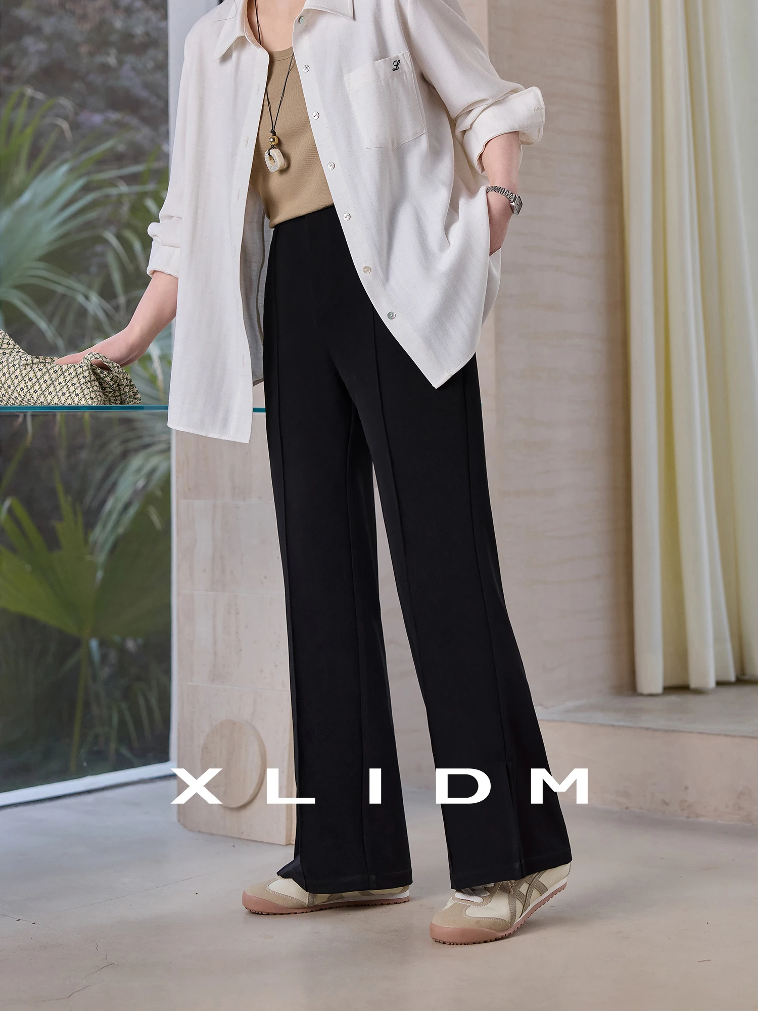 

Брюки женские прямые с высокой талией, повседневные, больших размеров, с микроэластичной диагональной полосой, скрывающие фигуру, цвет черный