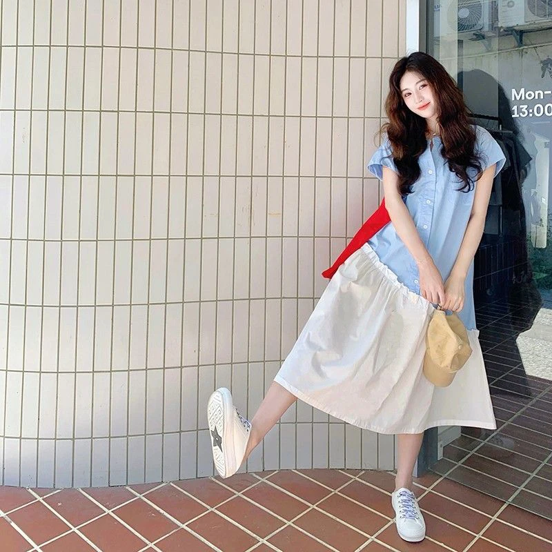 Summer Women Shirt Dresses Spliced Korean Fashion All-match Casual Sweet Mid Calf Skirt Indie Pop Blue White Office Daily Simple