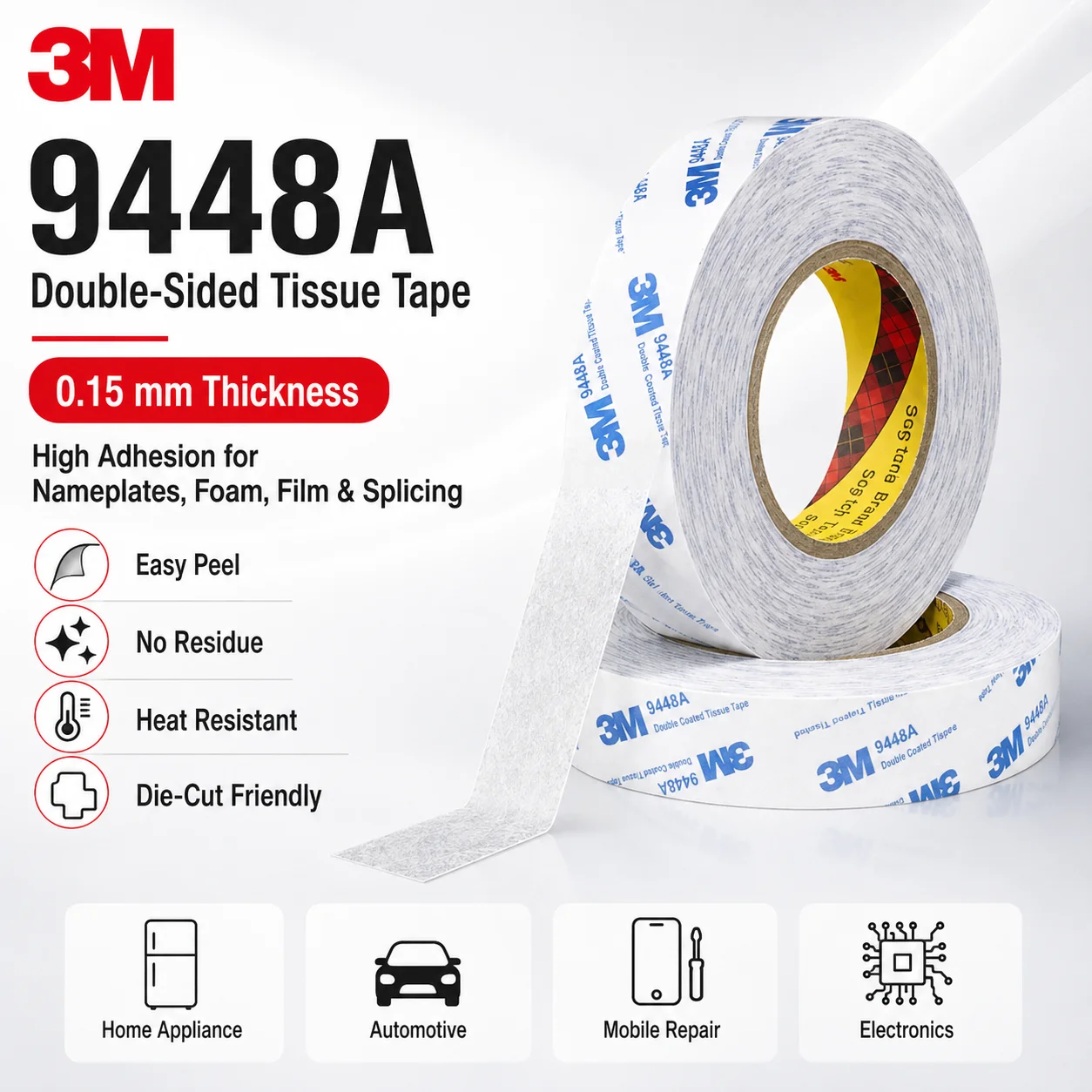 3M 9448A Double Sided Tape Strong Adhesive Tissue Tape 0.15MM for Foam Nameplate Plastic Film Industrial Bonding 50M view 3
