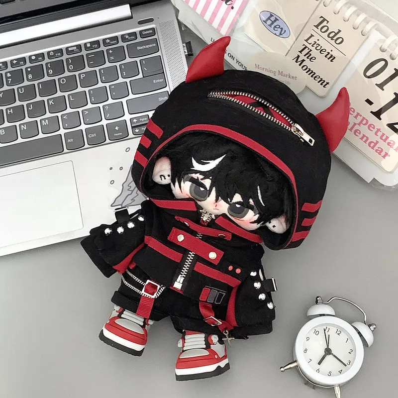 

20cm Plush Doll Clothes Dark Punk Red Black Devil Horns Cool Suit Cotton Doll Outfit Streetwear Gothic Cosplay