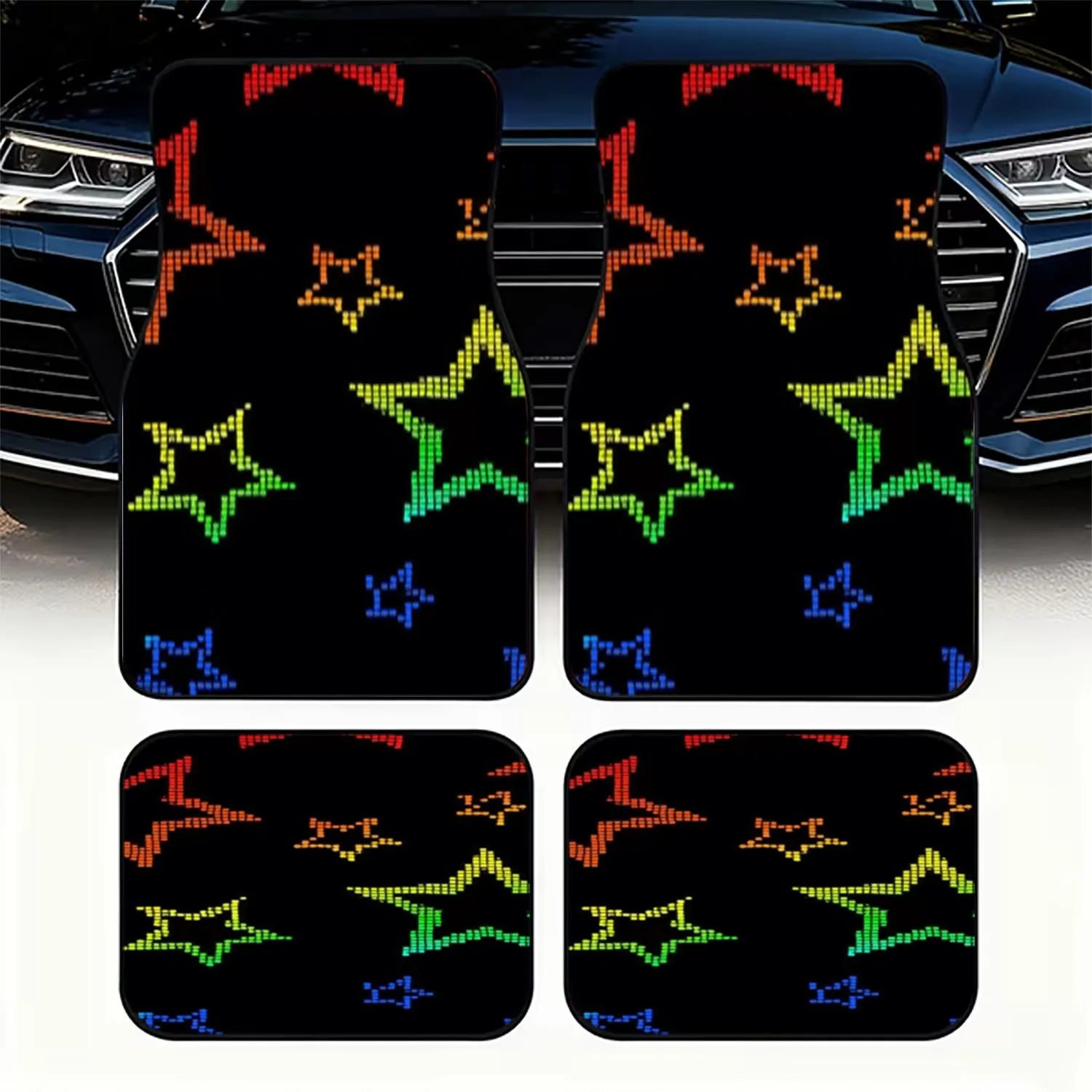 4pcs Car Floor Mats, Pixel Star Gradient Design, Material, Universal Fit For Car Interiors, Retro Digital Aesthetic, Easy To Ins