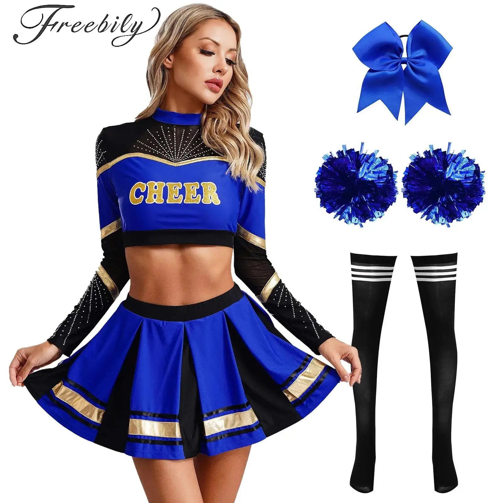 

Womens Cheerleading Uniform Dance Costume Halloween Schoolgirl Cosplay Long Sleeve Crop Top with Pleated Skirt Socks Rave Suit