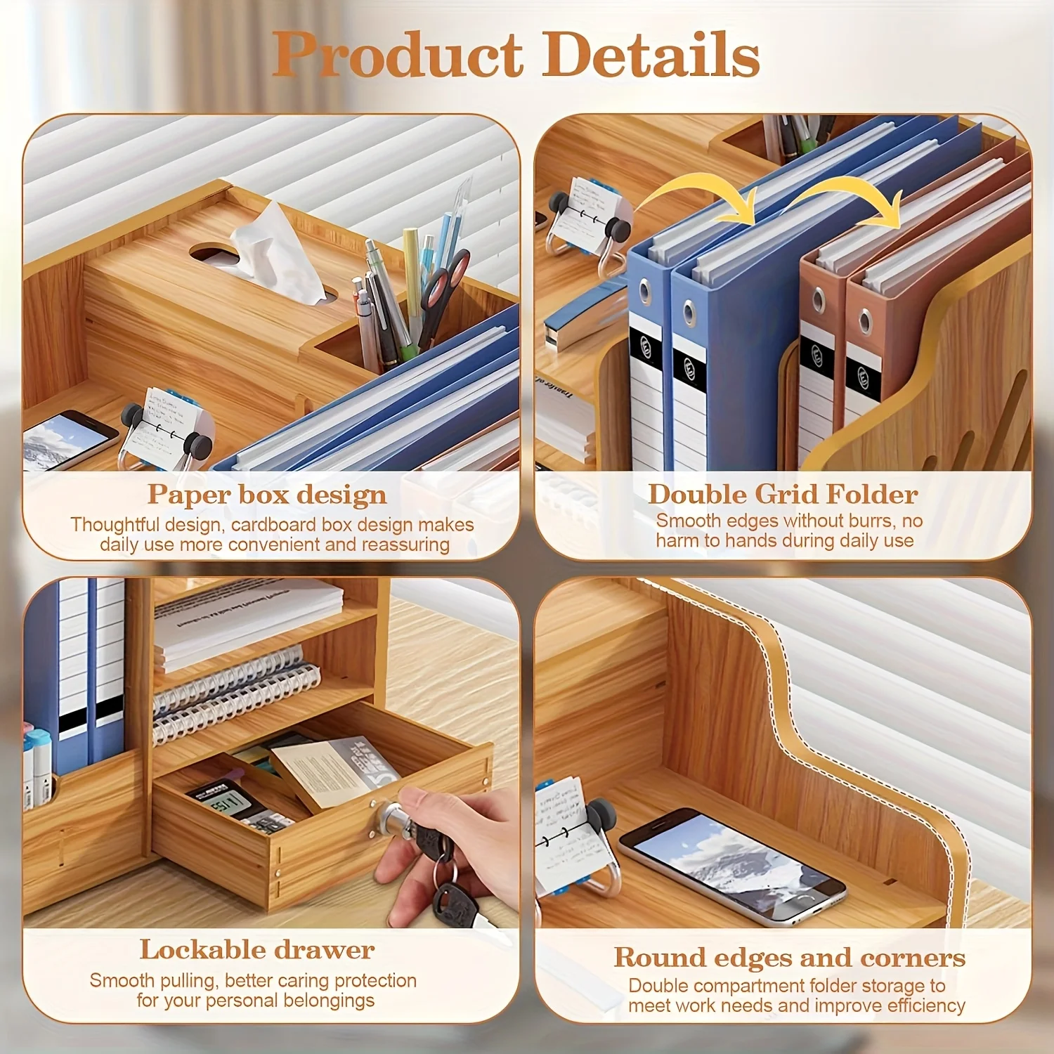 منظم سطح المكتب الخشبي صندوق تخزين مكتبي لوازم مكتبية حامل ملفات قابل للتكديس مع فتحة قلم مفتاح هوك منظم قرطاسية