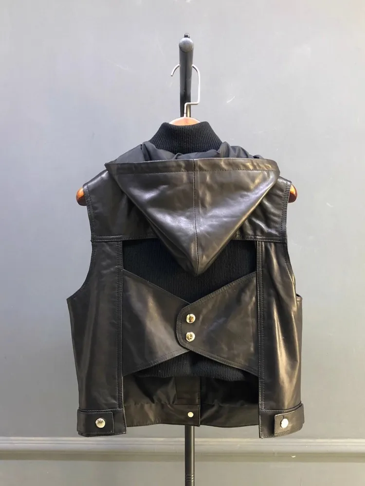 New Women Pocket Black Sheepskin Genuine Leather Hooded Single Breasted Loose Fit Bomber Ladies Jacket Designer Sleeveless Coat