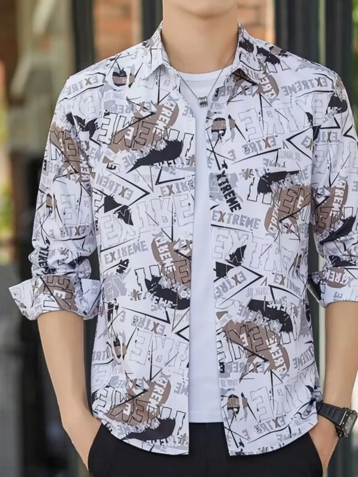 

Spring Autumn Men's Long Sve Printed irt Loose Fit Anti-Wrinkle No-Iron Korean Trendy Outerwear Casual Faion Polyester...