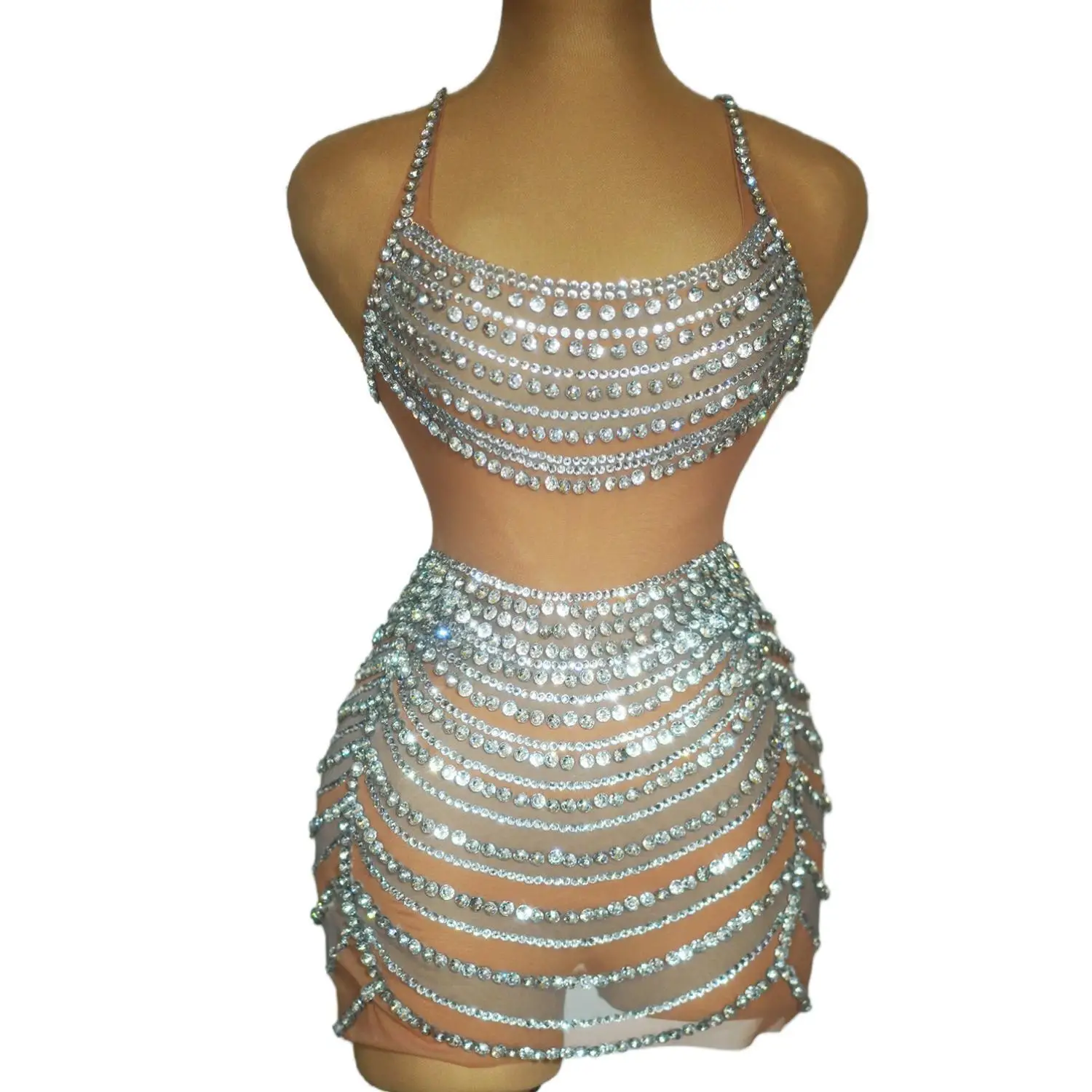 

Women Sexy Rhinestone Transparent Short Dress Birthday Celebrate Prom Gwom Mesh Clothes Evening Dancer Show Host Dress Fanwan