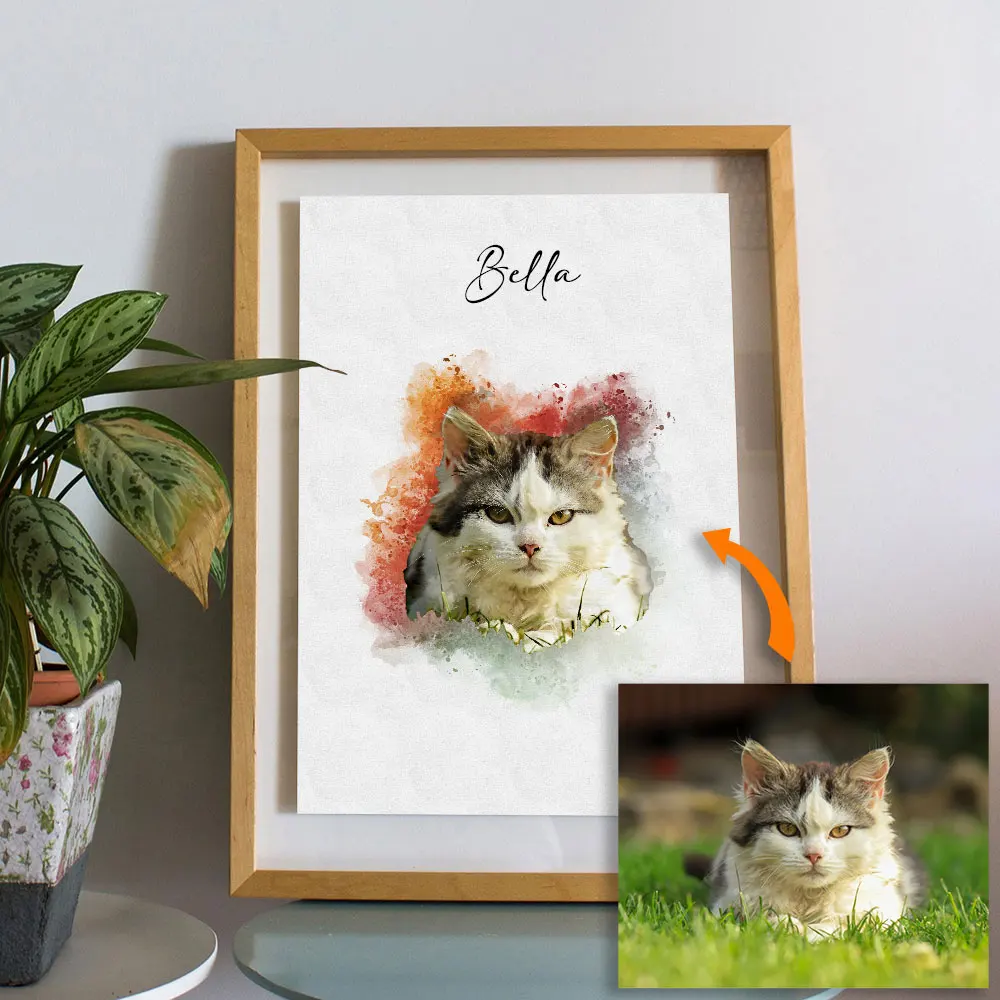 Custom Pet Portrait from Photo - Personalized Cat Dog Memorial Canvas Print - Watercolor Style Rainbow Bridge Wall Art Gift view 3