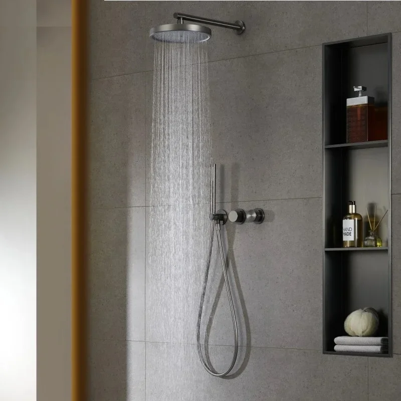 

Brass Concealed Wall Mounted Gun Gray Bathroom Shower Faucet Kit Bath Tap With Hand Shower Embedded Rain Shower Faucet Set