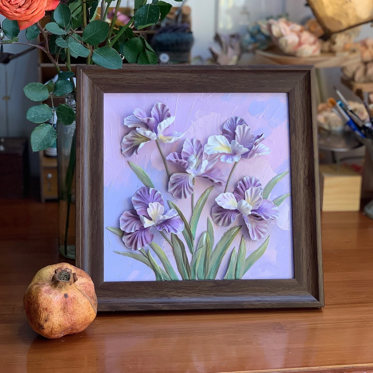 0071 Handmade Clay Flower Embossed Wall Art Purple Phalaenopsis Acrylic Oil Painting 3D Relief Canvas for Home Decor Gift