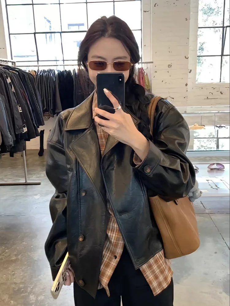 

Кожаное пальто женское короткое универсальное европейское модное байкерское черное пальто из натуральной овчины с карманом на молнии Jaqueta Couro Wh60