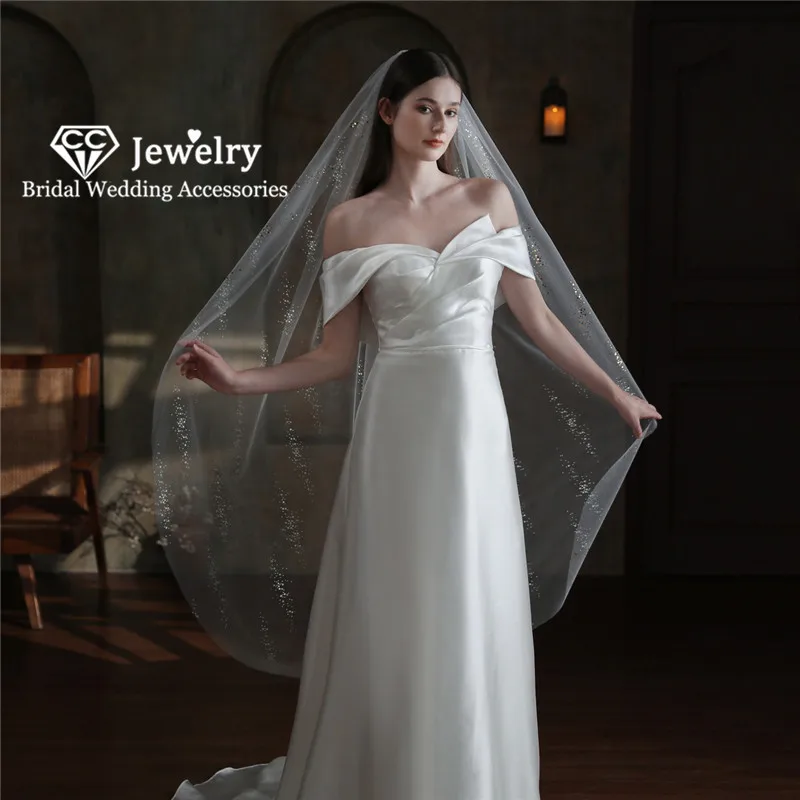 CC – voile de mariage tendance pour femme, accessoire de coiffure, robe de mariée, ornements de cheveux de fiançailles, une couche d'or, paillettes, Tulle, V856