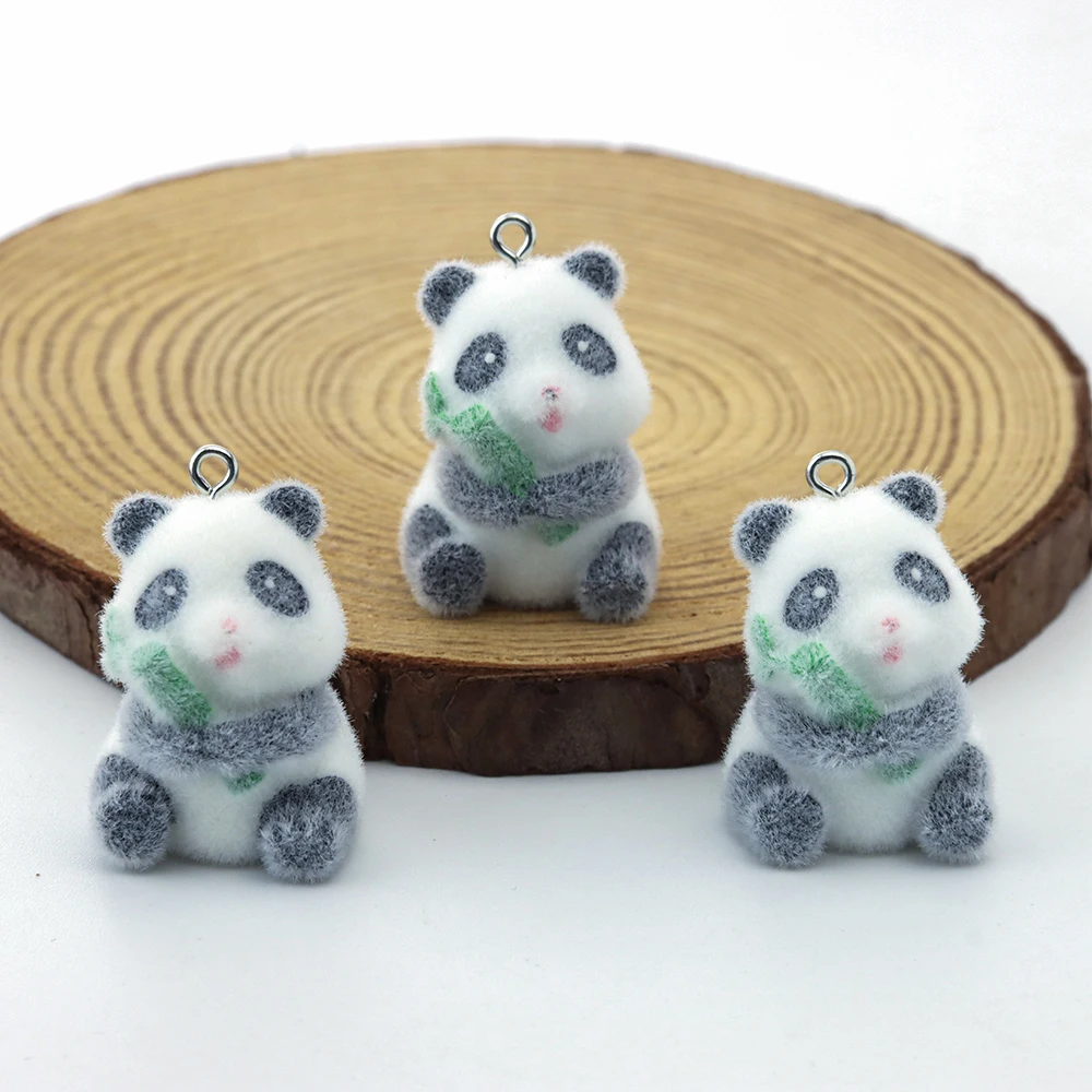 20Pcs 3D Flocking Resin Panda Charms Plush Doll Pendant Accessories for Necklace Keychain Making DIY Jewelry Adornment Wholesale