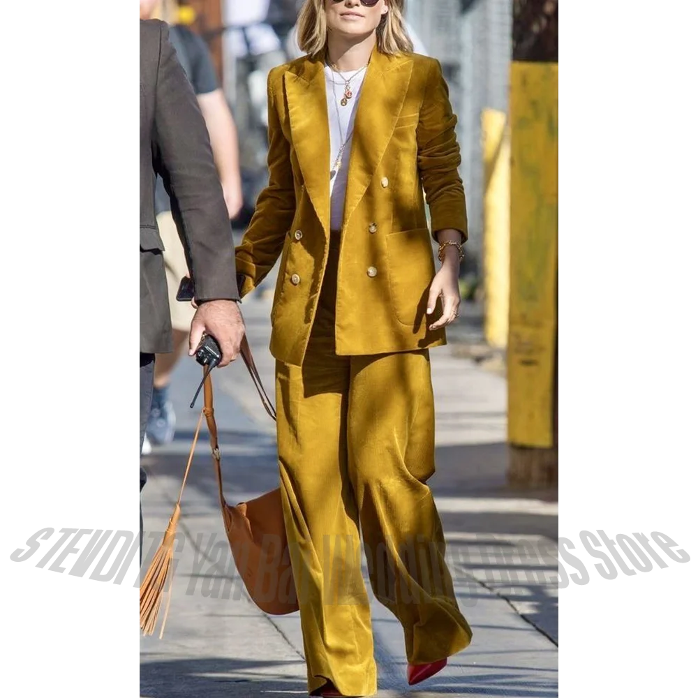 

Custom Made Corduroy Women Suits Social Set 2 Pieces Peaked Lapel Blazer Pants Straight Double Breasted Daily Casual Outfit