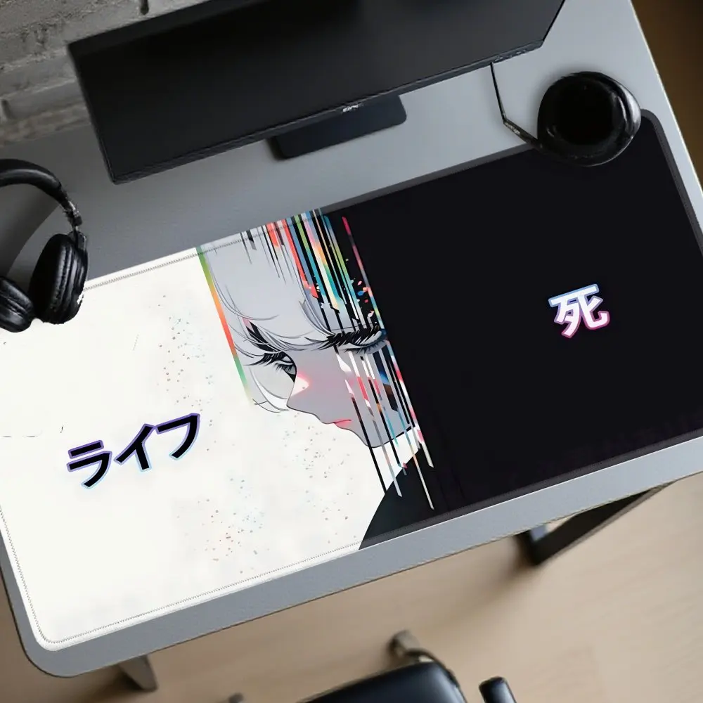 XXL Mouse Pad Glitch Anime Girl Design, Non-Slip Rubber Desk Mat, 2D Flat Style for Gaming & Office Aesthetics, Keyboard Mouse