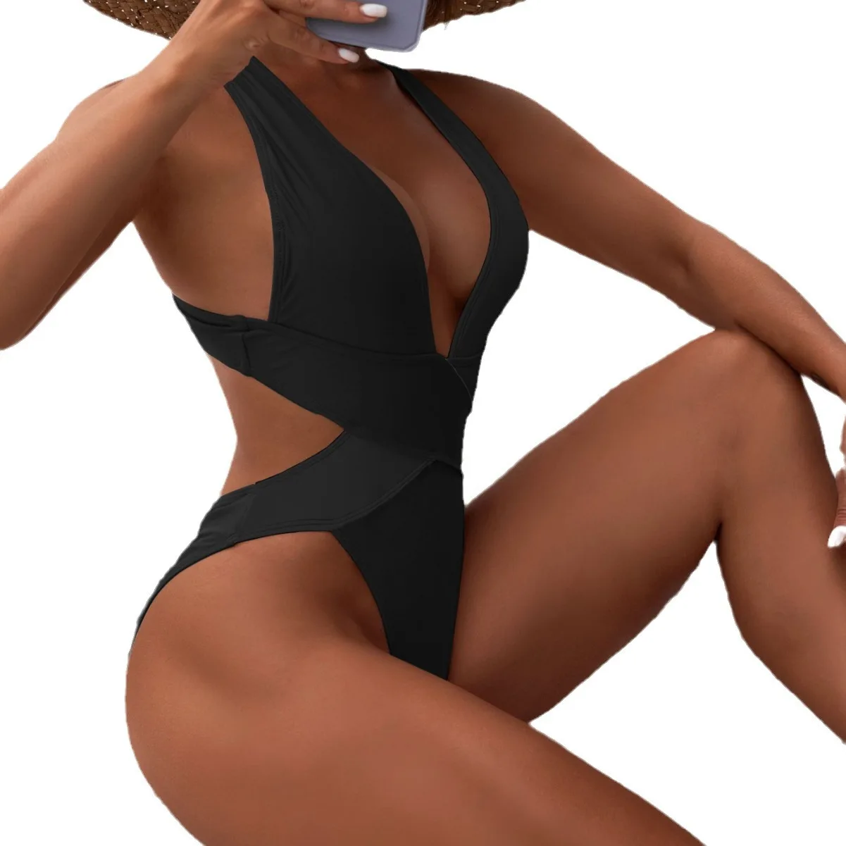 Women's Deep V Cross-Back One-Piece Swimsuit, Cutout Waist High Cut Bathing Suit, Slim Fit Solid Swimwear for Beach Pool