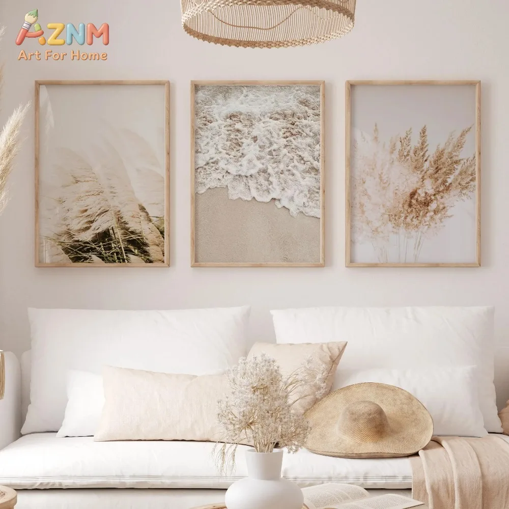 AZNM 3Pcs Neutral Beach Pampas Grass Canvas Wall Art, Coastal Ocean Wave Print Frameless Canvas Painting, Boho Minimalist