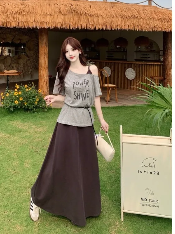 

plus Size Women's Lazy Style Shoulder Splice Short Sleeve T-Shirt High Waist Casual Skirt Two-Piece Set Summer New Arrival