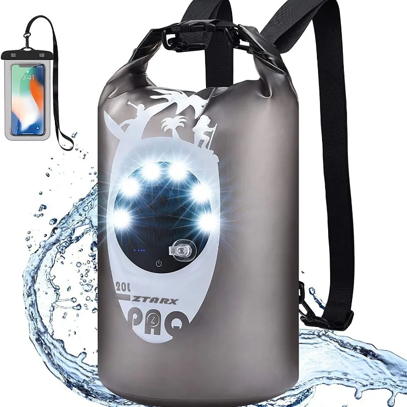 New Outdoor Waterproof Dry Bag, Beach Bucket Backpack with LED Solar Charging, Drifting Waterproof Pouch