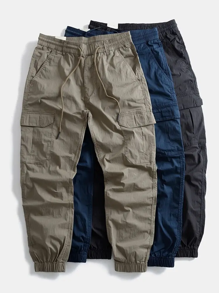 Men's Outdoor Work Pants with Multiple Pockets Durable Hiking Loose Fit Trousers Autumn Labor Protection Pants Cuffed Style