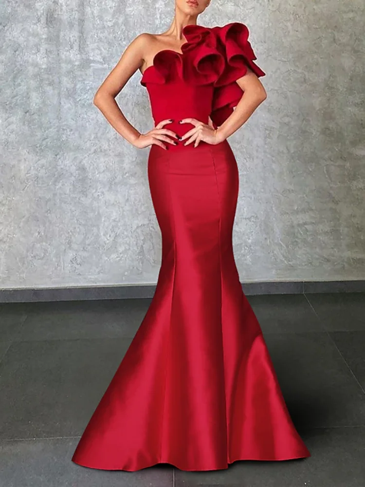 

Mermaid / Trumpet Shoulder Flower Evening Dress Corsets Floor-Length One-Shoulder Ruched Prom Dress Ball Gown Customize